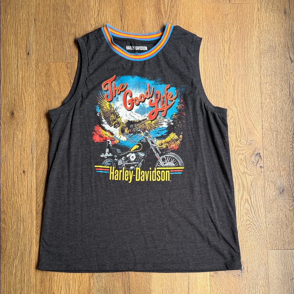 Harley-Davidson Dark Grey HeatheSleeveless Tee with Red, Blue and Yellow Graphic